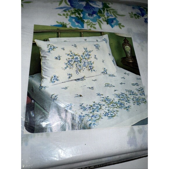 VTG NIP Our Own Twin Flat Sheet Blue Floral No Iron Muslin NOS Retro JC Penny - Picture 7 of 7